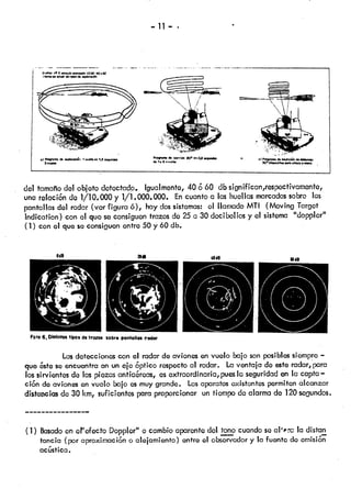 — 11 —
del tamañodel objeto detectado. Igualmente,40 660 db sgniffcan,respectivamcntc,
une rekci6n do 1/10.000y 1/1.000.000. Encuantoa las huellas marcadassobro las
panta! lasdel radar (vor figura 6), hay dossistemas: el llamado MTI (Moving Target
Indication) corici que soconsiguentrazosde 25a 30 docibolios y el sistema “doppler”
(1) con el que seconsiguanentro 50 y 60 db.
Las deteccionescon ci radar deavionesen vuelo bajo son posiblessiempre—
que ste se encuentraenun cje 6ptico respectoal radar. Laventaja do esteradar,para
los sirvientesde laspiezasantfcraas, esextraordinaria,puesIci seguridaden la capto—
ci6n de avionesen vuelo bajo esmuygrande. Losaparatosexistentespermitenalcanzar
distancias de 30km, suficiontospara proporcionar un tiempo doalarma do 120segundos.
(1) Basadoen ePefocto Doppler” o cambioaparentedel tonócuandose al’rc la distan
tancia (por aproxinaci6n o alelamiento) entre el observadory la fuente de omisi6n
acústica.
0,a9a9 .95 .I9.Jo O9O EMC 90 .
f9Od 9I dS l.p6toI6n
e P99.mQ ds ep1o.ocIo,: 4 1,5 sgftdo
PfOIIU d b9d* 90 .90.8 ci 6.
6. 19 6 9iaIU 306o6hopo .6.,.
Foto6, DIstintostiposdetrozos Sobrsponlollosodor
 