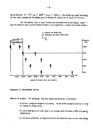 -4-
4° la f6rmula R= V2/ ng = 2502/ 6xg = 1040m. (las cifras queaquí seempt
on hansido tomadasde lasdadaspara la formoci6n bsíca en la RoyalAir Force).
Por otra parte, hayun gran númerode procedimientosdeataque, según —
que el objetivo sea un punto determinadoo una superflcie, o segúnlosarmasemple-
L: Longituddel ovi :lOm
VF: Velocidaddel ovidn:250m/seg
______
——————115002. 3
12. 3
a2. 3.
1_____________ 2.
0,02 0,04 0,06 0,08 0,10 0,12 0,14 0,16 0,18 0,20
spocio entiempo entre dos disparos
Esquema3: Velocidadesde tiro
odas en el ataque. Sin embargo, algunasreglaspermaneceninvariables:
- el piloto, antesde dispararsusarmas, hadevolar siempredurante un ci
• fotiempo en línea recta,
- lo velocidad poro el vuelo bajo y en picado esf6 limitada a 250 m/saproxi
madamente,
- en terrenoscubiertos, el descubrimientode objetivos que no hansidodeter
 