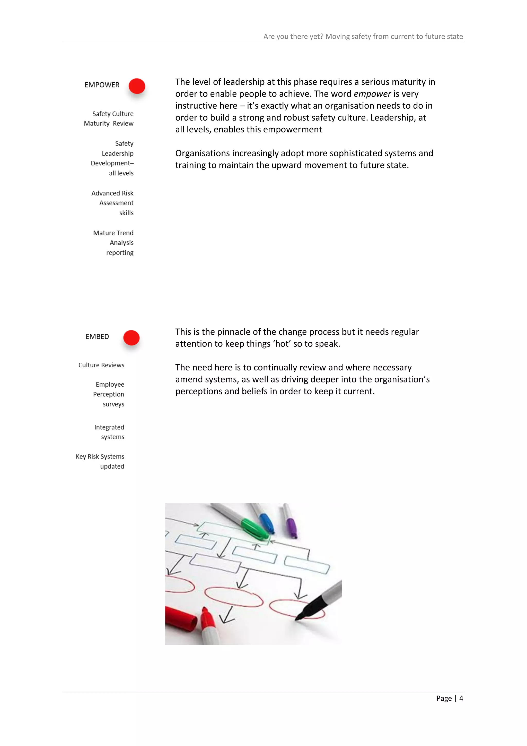 Are you there yet? Moving safety from current to future state
Page | 4
The level of leadership at this phase requires a serious maturity in
order to enable people to achieve. The word empower is very
instructive here – it’s exactly what an organisation needs to do in
order to build a strong and robust safety culture. Leadership, at
all levels, enables this empowerment
Organisations increasingly adopt more sophisticated systems and
training to maintain the upward movement to future state.
This is the pinnacle of the change process but it needs regular
attention to keep things ‘hot’ so to speak.
The need here is to continually review and where necessary
amend systems, as well as driving deeper into the organisation’s
perceptions and beliefs in order to keep it current.
 