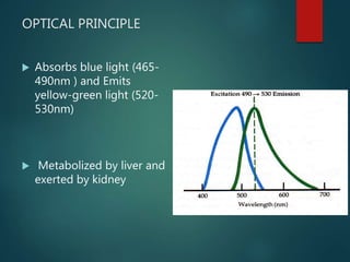 OPTICAL PRINCIPLE
 Absorbs blue light (465-
490nm ) and Emits
yellow-green light (520-
530nm)
 Metabolized by liver and
exerted by kidney
 