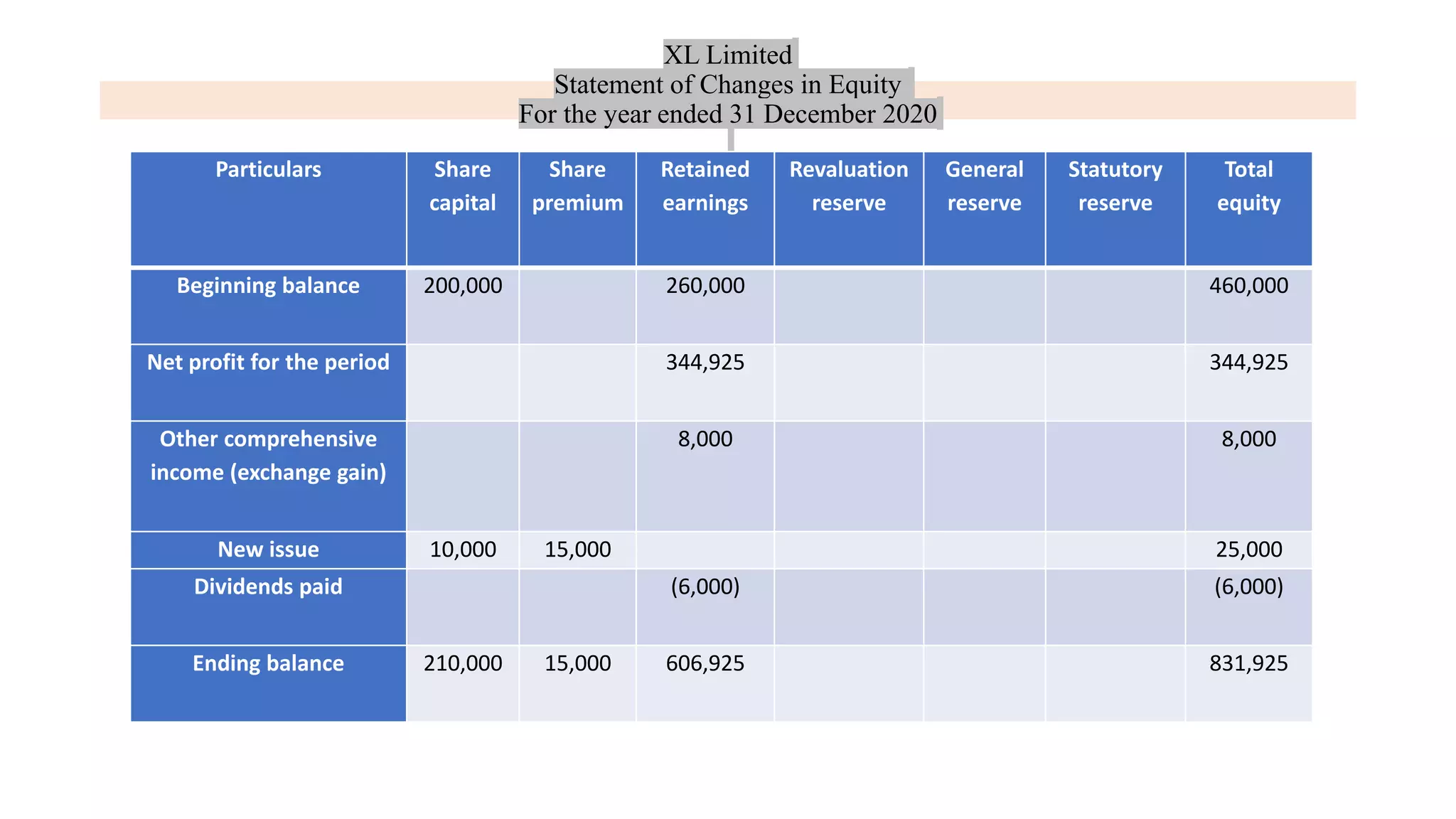 XL Limited
Statement of Changes in Equity
For the year ended 31 December 2020
Particulars Share
capital
Share
premium
Retained
earnings
Revaluation
reserve
General
reserve
Statutory
reserve
Total
equity
Beginning balance 200,000 260,000 460,000
Net profit for the period 344,925 344,925
Other comprehensive
income (exchange gain)
8,000 8,000
New issue 10,000 15,000 25,000
Dividends paid (6,000) (6,000)
Ending balance 210,000 15,000 606,925 831,925
 