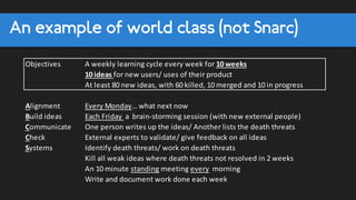 An example of world class (not Snarc)
Objectives A weekly learning cycle every week for 10 weeks
10 ideas for new users/ uses of their product
At least 80 new ideas, with 60 killed, 10 merged and 10 in progress
Alignment Every Monday… what next now
Build ideas Each Friday a brain-storming session (with new external people)
Communicate
Check
Systems Identify death threats/ work on death threats
Kill all weak ideas where death threats not resolved in 2 weeks
An 10 minute standing meeting every morning
Write and document work done each week
One person writes up the ideas/ Another lists the death threats
External experts to validate/ give feedback on all ideas
 