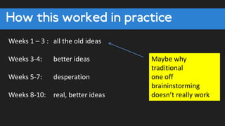 How this worked in practice
Weeks 1 – 3 : all the old ideas
Weeks 3-4: better ideas
Weeks 5-7: desperation
Weeks 8-10: real, better ideas
Maybe why
traditional
one off
braininstorming
doesn’t really work
 