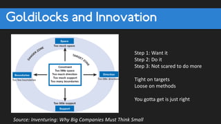 Goldilocks and Innovation
Source: Inventuring: Why Big Companies Must Think Small
Step 1: Want it
Step 2: Do it
Step 3: Not scared to do more
Tight on targets
Loose on methods
You gotta get is just right
 