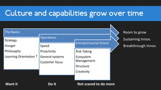 Culture and capabilities grow over time
The Basics
Strategy
Hunger
Philosophy
Learning Orientation *
Operations
Speed
Proactivity
General systems
Customer focus
Entrepreneurial Orient.
Risk Taking
Ecosystem
Management
Structure
Creativity
Room to grow
Sustaining Innov.
Breakthrough Innov.
Want it Do it Not scared to do more
 