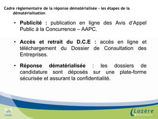    Economie d’espace : l’archivage des pièces électroniques est plus simple et surtout beaucoup moins consommateur d’espace. Cadre règlementaire de la réponse dématérialisée – les trois types de marchésLes marchés de travaux	Ils ont pour objet la réalisation de tous travaux de bâtiment ou de génie civil à la demande d’un acheteur public exerçant la maîtrise d’ouvrage (loi sur la Maîtrise d’Ouvrage Publique - MOP - du 12 juillet 1985).	Le maître d’ouvrage est  celui pour lequel on construit l’ouvrage et qui en devient propriétaire.Les marchés de fournitures	Ils ont pour objet l’achat de biens meubles (mobilier, matériels, fournitures), la prise en crédit-bail, la location ou la location-vente de	mobiliers, de matériels ou de fournitures.Les marchés de services	On distingue les services matériels (nettoyage de locaux, sécurité alarme, entretien de jardins, enlèvement des ordures ménagères, etc.)  et les services immatériels (maîtrise d’oeuvre, expertise comptable, services juridiques, …)