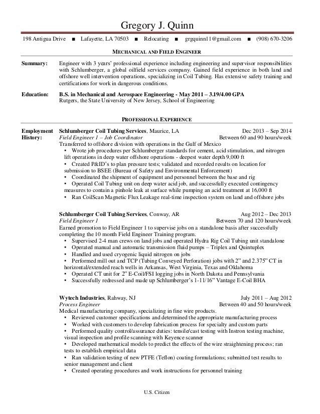 gregory j quinn 198 antigua drive lafayette la 70503 relocating grgquinn11 - Schluberger Field Engineer Sample Resume gregory j quinn 198 antigua drive lafayette la 70503 relocating grgquinn11 - Schluberger Field Engineer Sample Resume