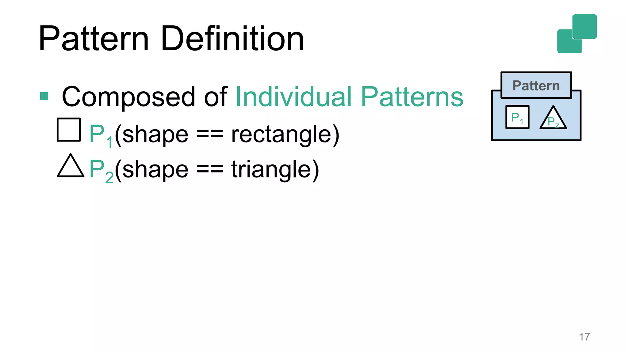 Pattern Definition
 Composed of Individual Patterns
• P1(shape == rectangle)
• P2(shape == triangle)
17
Pattern
P2
P1
 