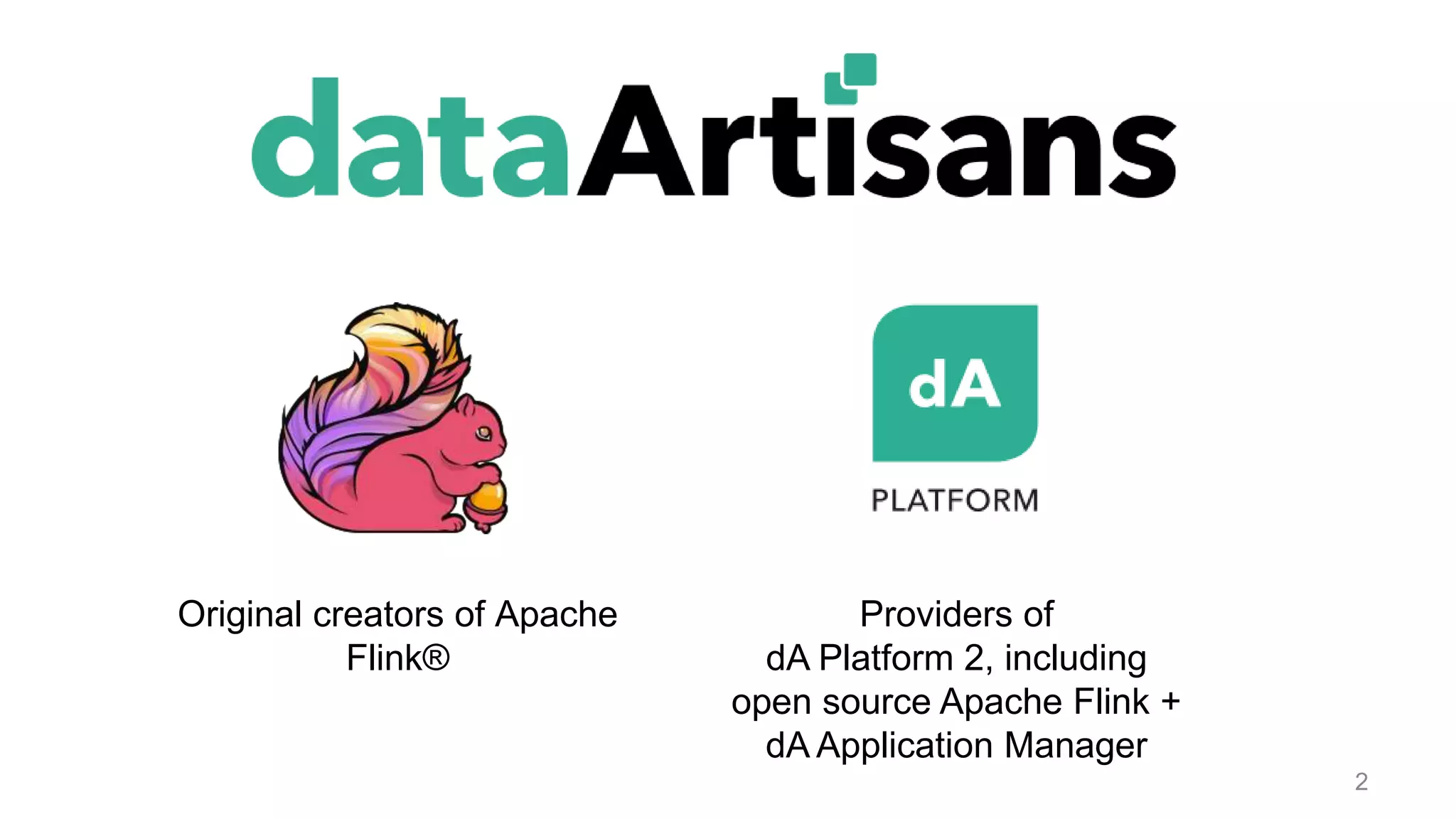 2
Original creators of Apache
Flink®
Providers of
dA Platform 2, including
open source Apache Flink +
dA Application Manager
 