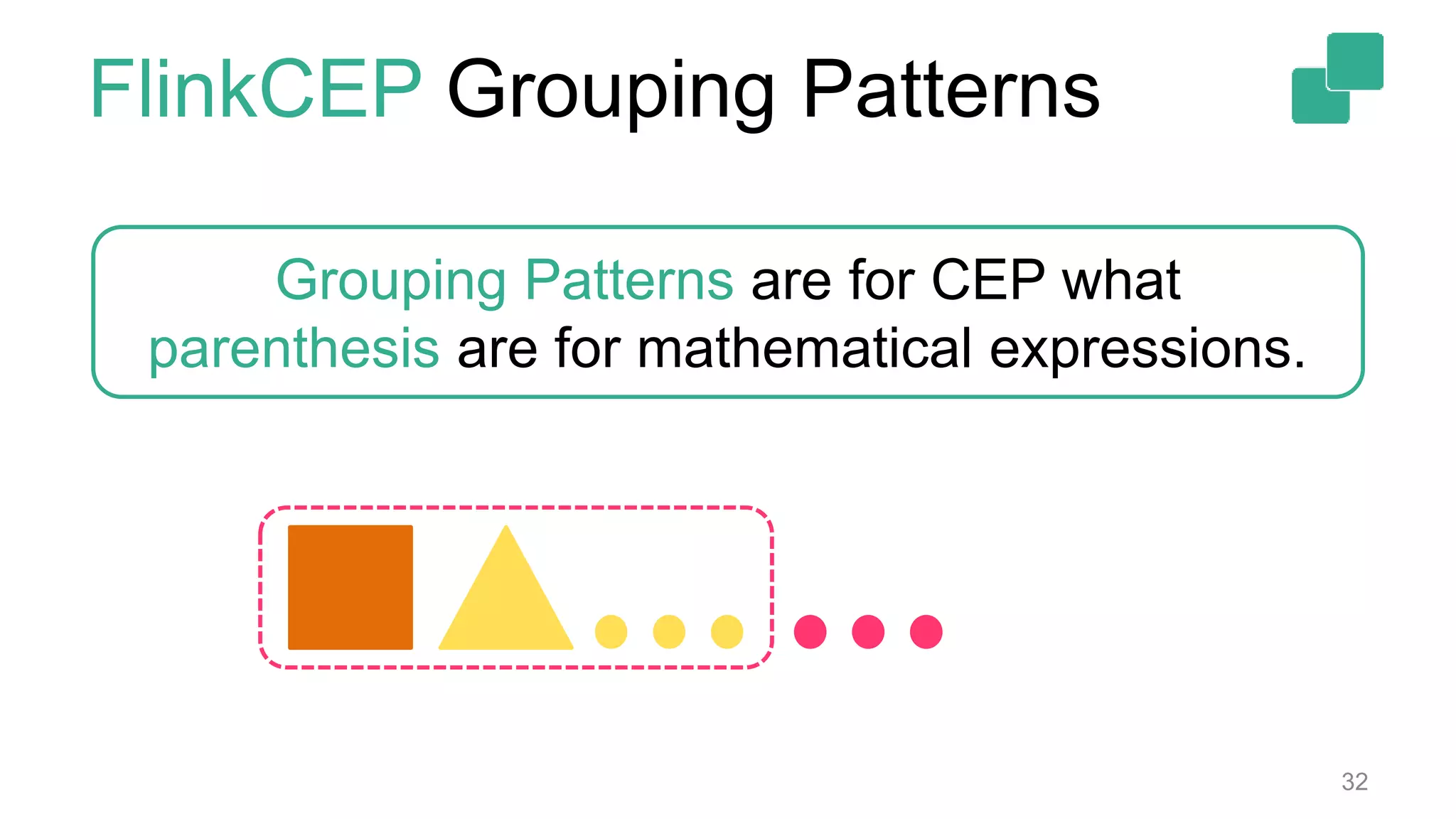 FlinkCEP Grouping Patterns
32
Grouping Patterns are for CEP what
parenthesis are for mathematical expressions.
 