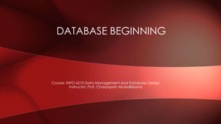 DATABASE BEGINNING
Course: INFO 6210 Data Management and Database Design
Instructor: Prof. Chaiyaporn Mutsalklisana
 