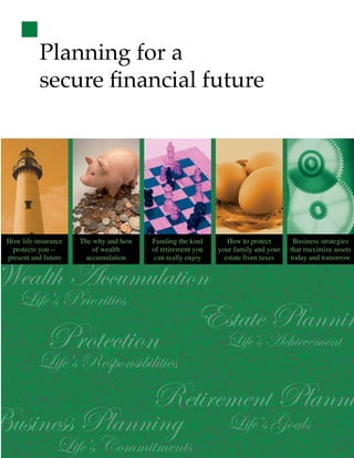 Planning for a
          secure ﬁnancial future




How life insurance   The why and how   Funding the kind       How to protect       Business strategies
 protects you—           of wealth     of retirement you   your family and your   that maximize assets
present and future     accumulation     can really enjoy     estate from taxes    today and tomorrow


   ealth Accumulation
   Life’s Priorities
                     Estate Plannin
            Protection                                       Life’s Achievement
         Life’s Responsibilities
              Retirement Planni
 usiness Planning Life’s Goals
               Life’s Commitments
 