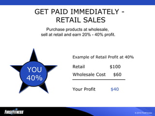 GET PAID IMMEDIATELY -  RETAIL SALES Retail    $100 Wholesale Cost  $60 Your Profit   $40 Example of Retail Profit at 40%   Purchase products at wholesale,  sell at retail and earn 20% - 40% profit. 40 % YOU 40% 