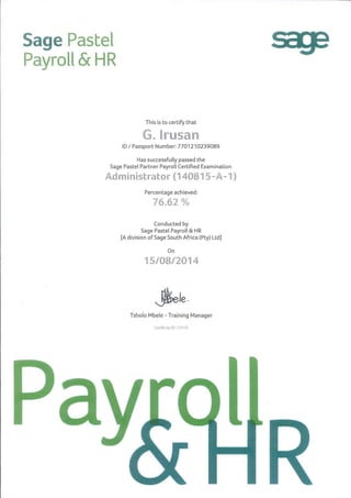 Pastel Payroll Certificate