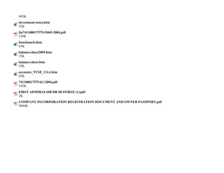 695K
investment-notes.htm
32K
fm741108017575-f1065-2004.pdf
239K
benchmark.htm
43K
balance-sheet2005.htm
35K
balance-sheet.htm
35K
accounts_NYSE_USA.htm
45K
741108017575-k1-2004.pdf
102K
FIRST ADMIRALSIR DR IR FEROZ (1).pdf
2K
COMPANY INCORPORATION REGISTRATION DOCUMENT AND OWNER PASSPORT.pdf
9046K
 
