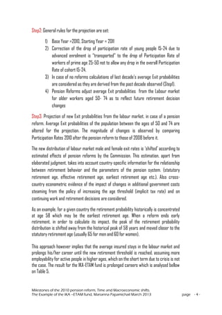 Milestones of the 2010 pension reform, Time and Macroeconomic shifts.
The Example of the IKA –ETAM fund, Marianna Papamichail March 2013 page - 4 -
Step2: General rules for the projection are set:
1) Base Year =2010, Starting Year = 2011
2) Correction of the drop of participation rate of young people 15-24 due to
advanced enrolment is “transported” to the drop of Participation Rate of
workers of prime age 25-50 not to allow any drop in the overall Participation
Rate of cohort 15-24.
3) In case of no reforms calculations of last decade’s average Exit probabilities
are considered as they are derived from the past decade observed (Step1).
4) Pension Reforms adjust average Exit probabilities from the Labour market
for older workers aged 50- 74 as to reflect future retirement decision
changes
Step3: Projection of new Exit probabilities from the labour market, in case of a pension
reform. Average Exit probabilities of the population between the ages of 50 and 74 are
altered for the projection. The magnitude of changes is observed by comparing
Participation Rates 2010 after the pension reform to those of 2008 before it.
The new distribution of labour market male and female exit rates is ‘shifted’ according to
estimated effects of pension reforms by the Commission. This estimation, apart from
elaborated judgment, takes into account country-specific information for the relationship
between retirement behavior and the parameters of the pension system. (statutory
retirement age, effective retirement age, earliest retirement age etc.). Also cross-
country econometric evidence of the impact of changes in additional government costs
steaming from the policy of increasing the age threshold (implicit tax rate) and on
continuing work and retirement decisions are considered.
As an example, for a given country the retirement probability historically is concentrated
at age 58 which may be the earliest retirement age. When a reform ends early
retirement, in order to calculate its impact, the peak of the retirement probability
distribution is shifted away from the historical peak of 58 years and moved closer to the
statutory retirement age (usually 65 for men and 60 for women).
This approach however implies that the average insured stays in the labour market and
prolongs his/her career until the new retirement threshold is reached, assuming more
employability for active people in higher ages, which on the short term due to crisis is not
the case. The result for the IKA-ETAM fund is prolonged careers which is analysed bellow
on Table 5.
 