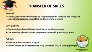 Reg No: 2007/017822/07
(TETA04-115)
TRANSFER OF SKILLS
Research:
Coaching of nominated candidates on the process for the collection and analysis of
operational procedures, job profiles, existing learning programs
Development:
Coach nominated candidates on the design of learning programs
Coach nominated candidates on the process for compiling learning programs
Roll out:
Facilitate a train the trainer program
Mentor trainers on the presentation (KM), facilitation (PM) of training packages
 