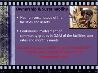 Ownership & SustainabilityNear universal usage of the     facilities and assets   Continuous involvement of     community groups in O&M of the facilities-user     rates and monthly meetsSuccess and sustainability directly related to the  intensity of the need addressed at the Community’s  end