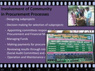 Involvement of Community in Procurement Processes- Designing subprojects  - Decision making for selection of subprojects   Appointing committees responsible for    Procurement and Financial Management- Managing Funds -  Making payments for procured items Reviewing results through internal    (Social Audit Committee) and external audits. -  Operation and Maintenance of Subproject
