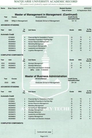 MBA Academic Transcript 2003 Macq BRHeath | PDF