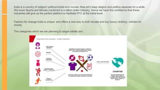 Fashion for change India is unique and offers a new way to both donate and buy luxury clothing / articles for
charity
The categories which we are planning to target initially are :
India is a country of religion/ politics/cricket and movies. Now let's keep religion and politics separate for a while.
We know Sports and Movies combined is a billion dollar industry, hence we have the confidence that these
industries will give us the perfect platform to facilitate FFC at the initial level.
 