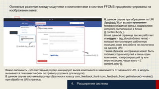 Основные различия между модулями и компонентами в системе FFCMS продемонстрированы на 
изображении ниже: 
В данном случае при обращении по URI 
/feedback/ был вызван компонент 
feedback(обратная связь), содержимое 
которого расположено в блоке 
{{ content.body }}. 
Но на данной странице так же работает 
и модуль - tag_cloud(облако тегов) - 
который контролирует шаблонную 
позицию, если его работа не исключена 
на данном URI. 
Таким образом на странице может быть 
сколько угодно модулей и лишь один 
компонент, контролирующий ту или 
иную позицию, чаще всего - {{ 
content.body }}. 
Важно запомнить - что системный роутер инициирует вызов компонента в зависимости от заданного URI, а модуль 
вызывается повсеместно(или по правилу роутинга для модуля). 
В данном случае системный роутер обратился к классу com_feedback_front (com_feedback_front::getInstance()->make()) 
при обработке URI страницы. 
4. Расширения системы 
 