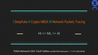 I DeepFake II Crypto-HBGA III Network Packets Tracing
HI >> ML >> AI
TODA.Network CEO: Toufi Saliba toufi@TODA.Network / +1-415-569-8038
 