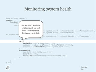 Monitoring system health

from watchdog import *
Monitor (
     Service(
          name     = "system-health",
          m...