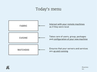 Today's menu


                 Interact with your remote machines
 FABRIC          as if they were local



                 Takes care of users, group, packages
 CUISINE
                 and configuration of your new machine



                 Ensures that your servers and services
WATCHDOG
                 are up and running




                                                 ffunction
                                                 inc.
 