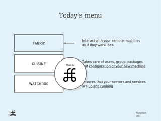 Today's menu


                        Interact with your remote machines
 FABRIC                 as if they were local



                        Takes care of users, group, packages
 CUISINE     Made by
              Made by   and configuration of your new machine



                        Ensures that your servers and services
WATCHDOG
                        are up and running




                                                        ffunction
                                                        inc.
 
