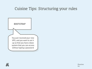 Cuisine Tips: Structuring your rules


  BOOTSTRAP




You just received your new
 You just received your new
VPS, and you want to set it
 VPS, and you want to set it
up so that you have a base
  up so that you have a base
system that you can access
 system that you can access
without typing a password
  without typing a password




                                          ffunction
                                          inc.
 