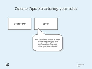 Cuisine Tips: Structuring your rules


BOOTSTRAP            SETUP




            You install your users, groups,
             You install your users, groups,
               preferred packages and
                 preferred packages and
                configuration. You also
                  configuration. You also
               install you applications.
                 install you applications.




                                               ffunction
                                               inc.
 
