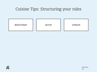 Cuisine Tips: Structuring your rules


BOOTSTRAP       SETUP         UPDATE




                                       ffunction
                                       inc.
 