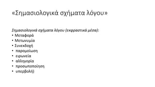 «Σημασιολογικά σχήματα λόγου»
Σημασιολογικά σχήματα λόγου (εκφραστικά μέσα):
• Μεταφορά
• Μετωνυμία
• Συνεκδοχή
• παρομοίωση
• ειρωνεία
• αλληγορία
• προσωποποίηση
• υπερβολή)
 