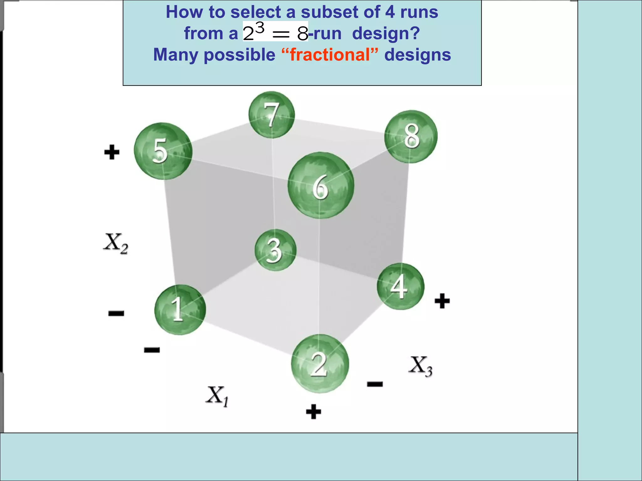 How to select a subset of 4 runs
from a -run design?
Many possible “fractional” designs
 