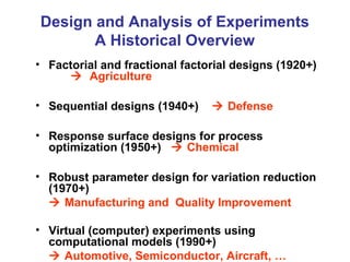 Design and Analysis of Experiments
A Historical Overview
• Factorial and fractional factorial designs (1920+)
 Agriculture
• Sequential designs (1940+)  Defense
• Response surface designs for process
optimization (1950+)  Chemical
• Robust parameter design for variation reduction
(1970+)
 Manufacturing and Quality Improvement
• Virtual (computer) experiments using
computational models (1990+)
 Automotive, Semiconductor, Aircraft, …
 
