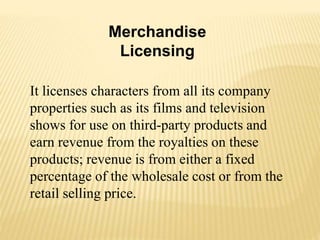 It licenses characters from all its company
properties such as its films and television
shows for use on third-party products and
earn revenue from the royalties on these
products; revenue is from either a fixed
percentage of the wholesale cost or from the
retail selling price.
Merchandise
Licensing
 