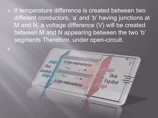  If temperature difference is created between two
different conductors, ‘a’ and ‘b’ having junctions at
M and N, a voltage difference (V) will be created
between M and N appearing between the two ‘b’
segments Therefore, under open-circuit.

 
