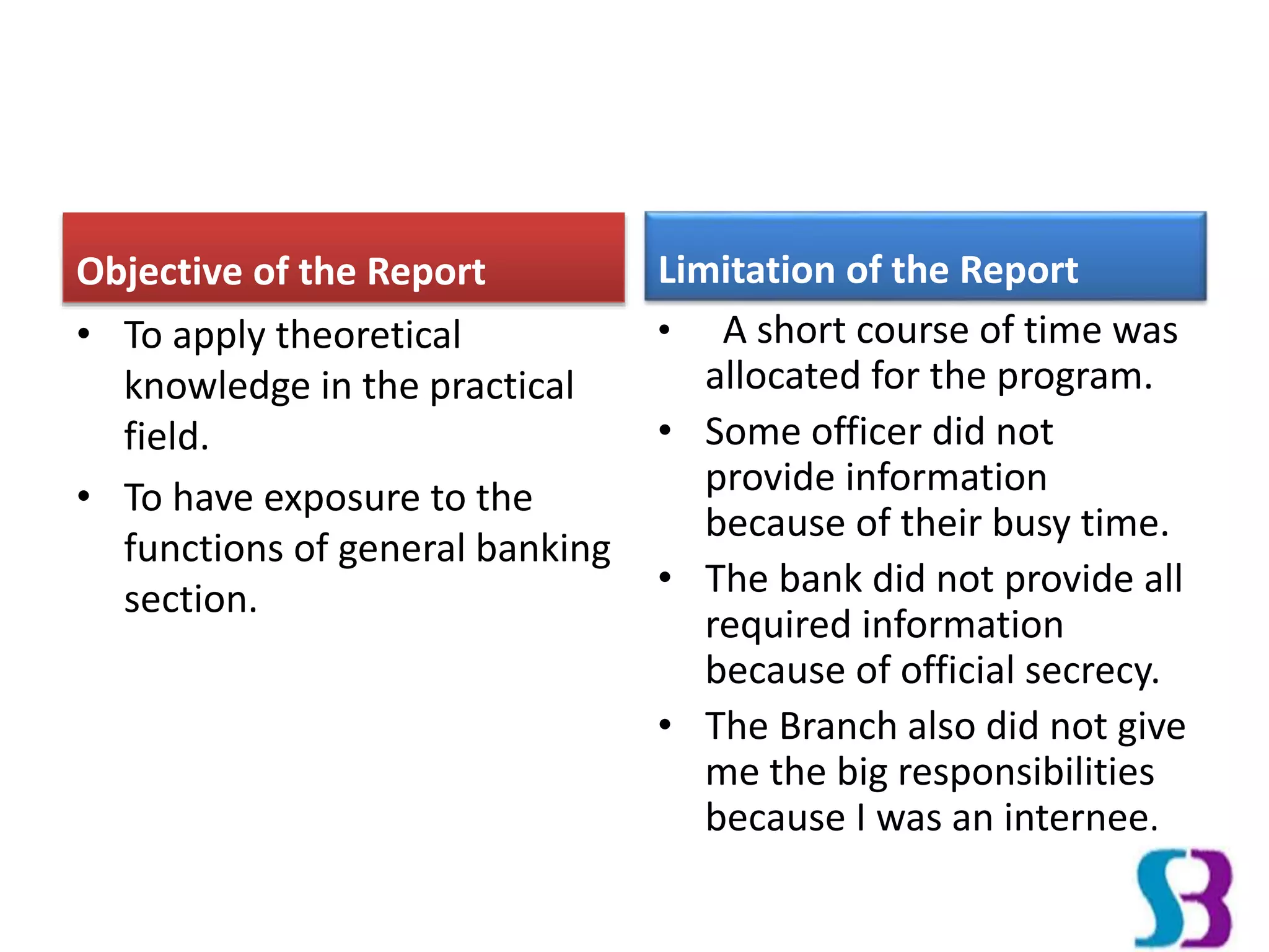 Objective of the Report
• To apply theoretical
knowledge in the practical
field.
• To have exposure to the
functions of general banking
section.
Limitation of the Report
• A short course of time was
allocated for the program.
• Some officer did not
provide information
because of their busy time.
• The bank did not provide all
required information
because of official secrecy.
• The Branch also did not give
me the big responsibilities
because I was an internee.
 