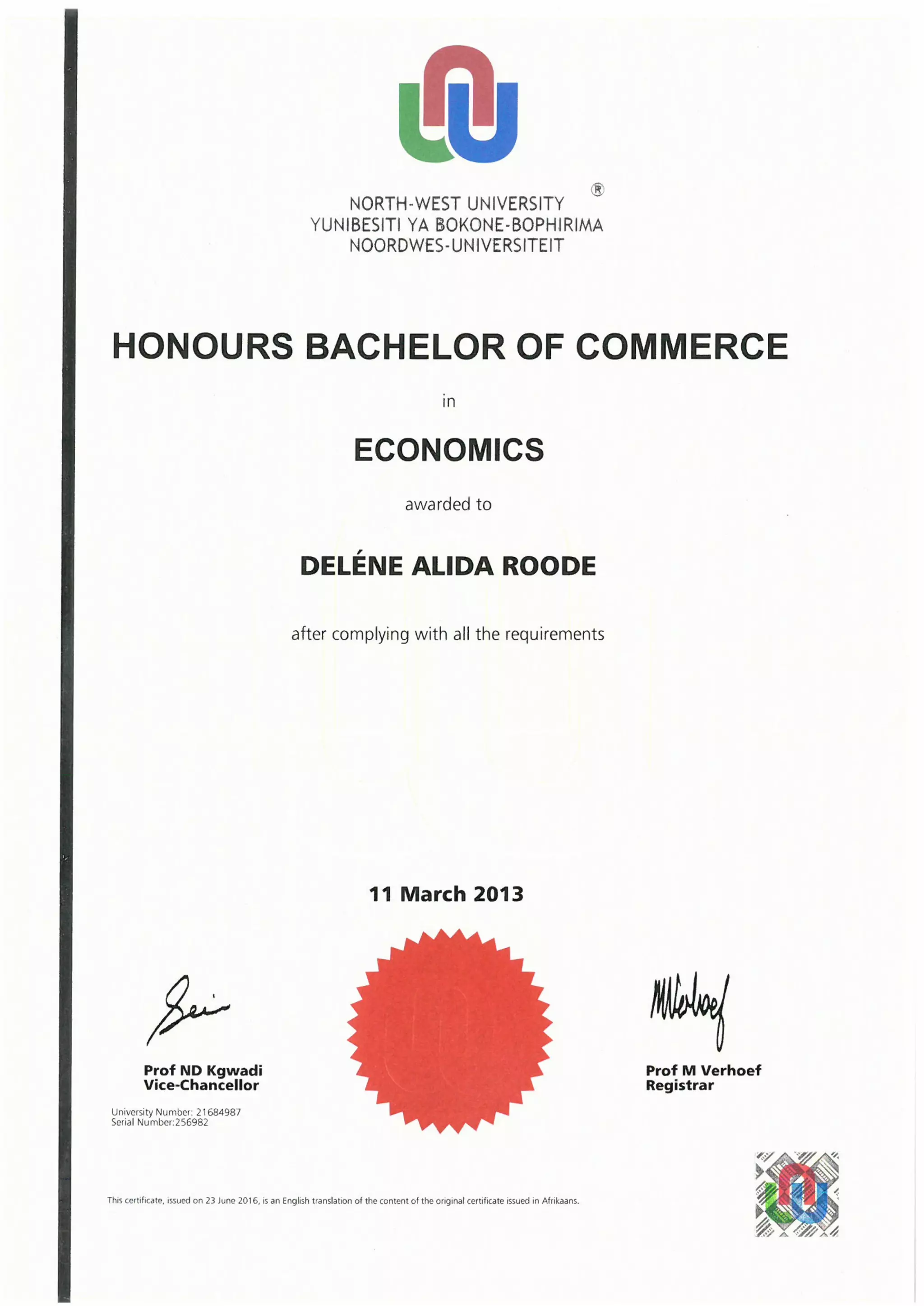 HONSBCOM ECONOMICS certificate PDF Education