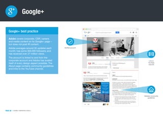 PAGE 39 | CHANNEL COMPARISON: GOOGLE+
Google+
PAGE 39 |
http://www.google.com/
Adobe covers corporate, CSR, careers
and me...