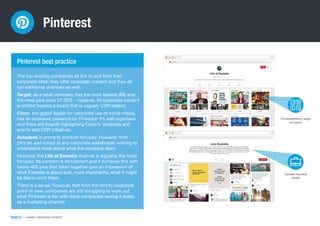 Pinterest
PAGE 51 | CHANNEL COMPARISON: PINTEREST
The top-scoring companies all link to and from their
corporate sites; th...