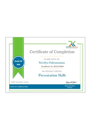 DATE OF COMPLETION
Ramneet Kaur
Certificate of Completion
THIS AWARD CERTIFIES THAT
HAS SUCCESSFULLY COMPLETED
Presentation Skills
Director
Enrollment No: RS20150006
16th October 2015
CLASS OF
2015
Srividya Subramanian
 
