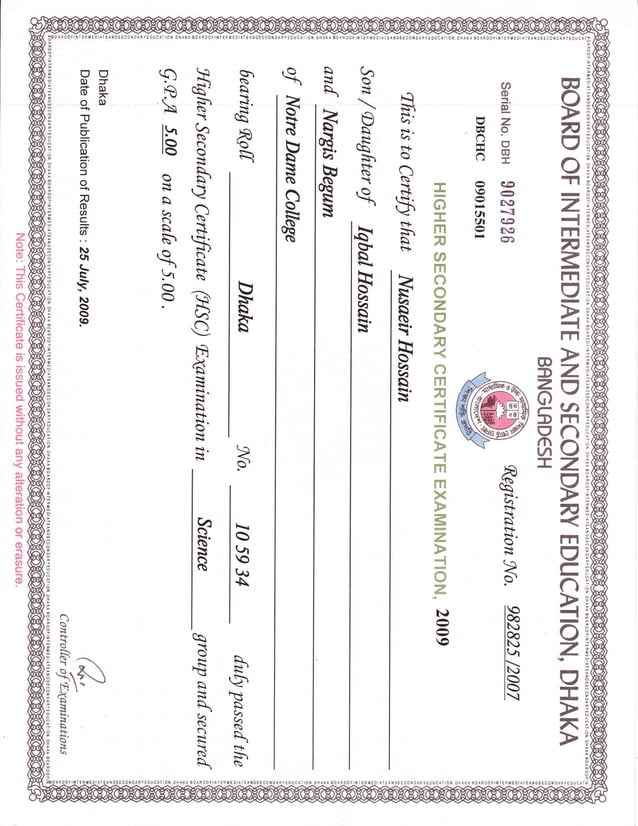H S C Certificate PDF