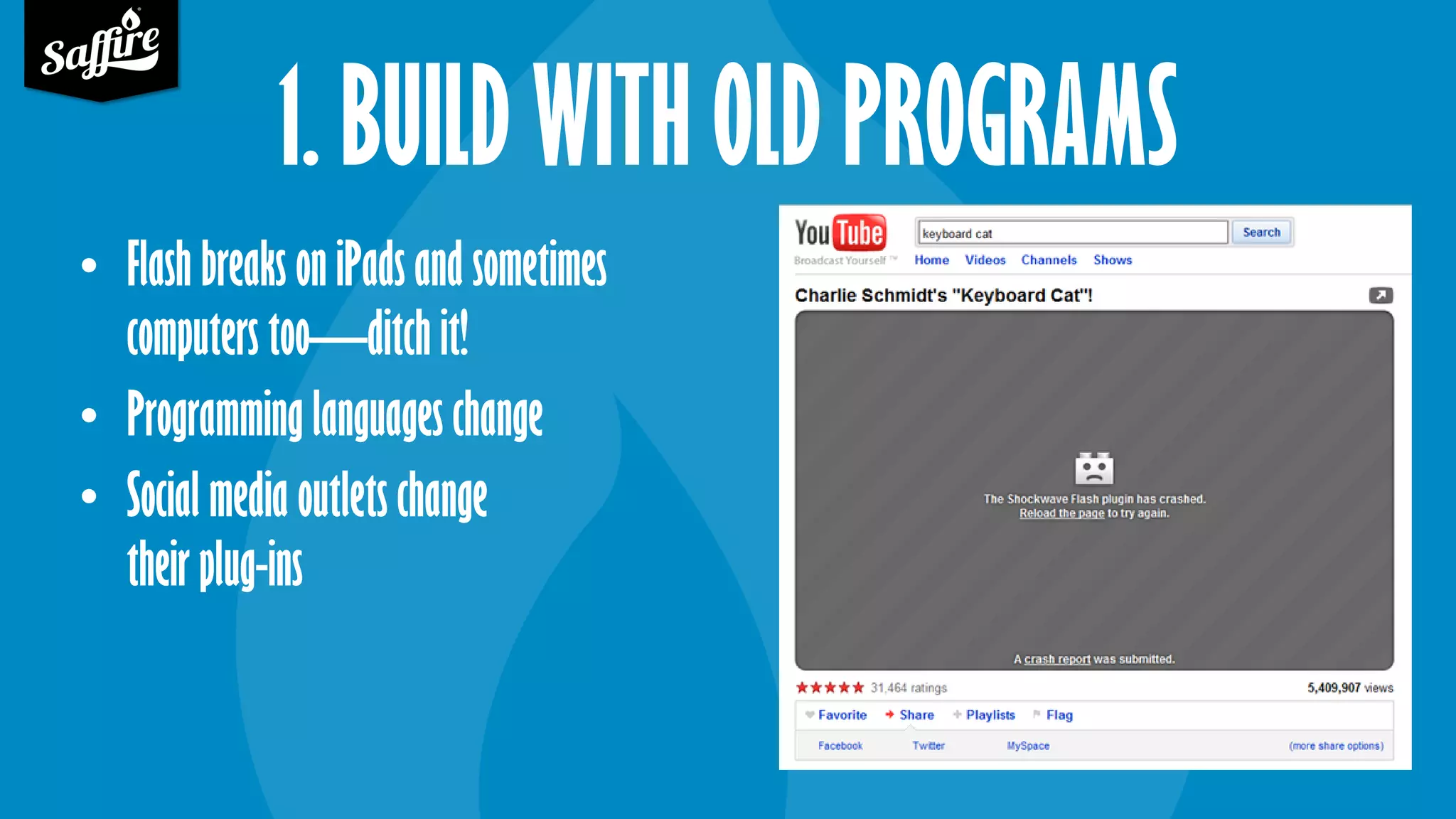 1. BUILD WITH OLD PROGRAMS
• Flash breaks on iPads and sometimes
computers too—ditch it!
• Programming languages change
• Social media outlets change
their plug-ins
 