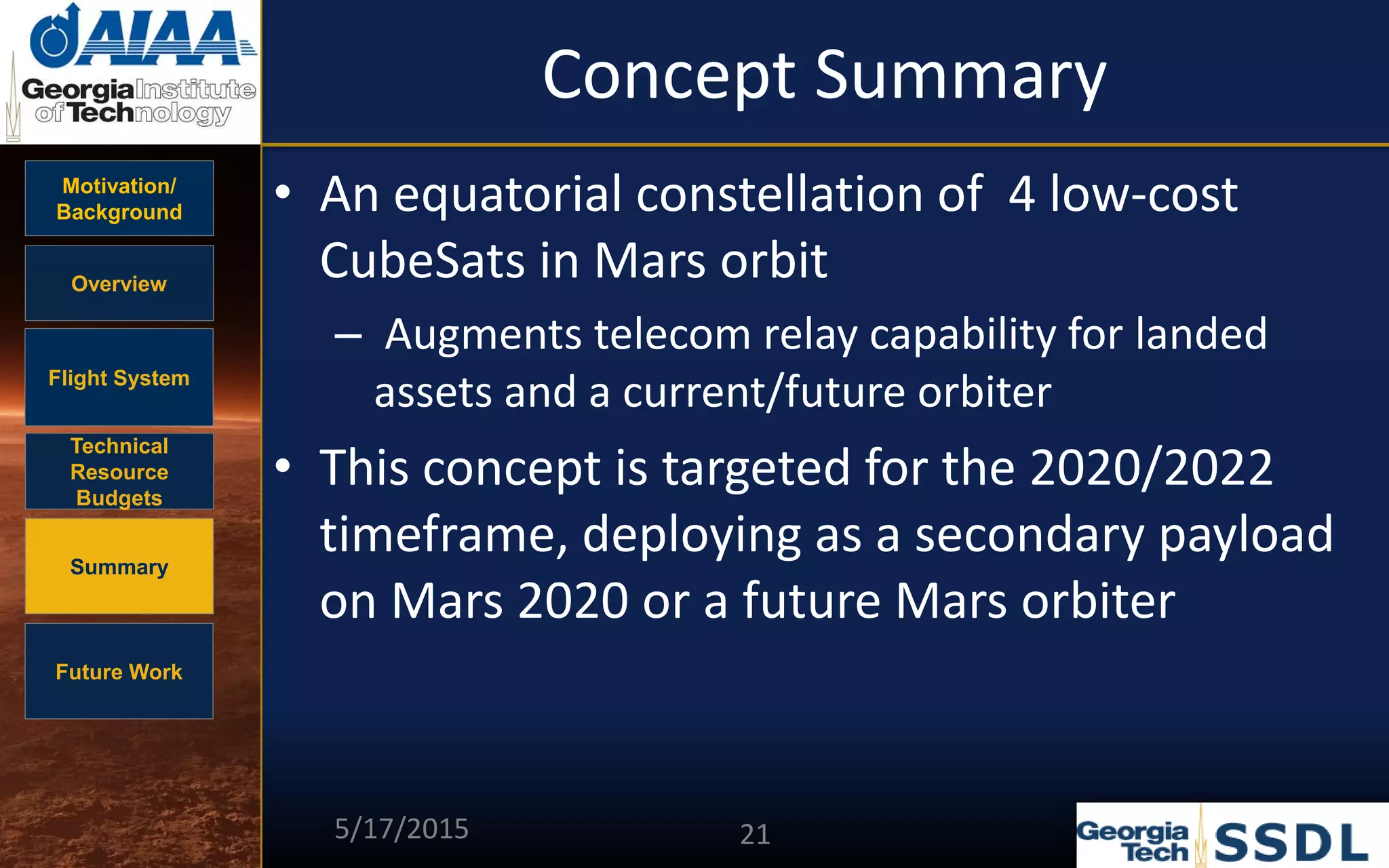Motivation/
Background
Overview
Flight System
Technical
Resource
Budgets
Summary
Future Work
Concept Summary
• An equatorial constellation of 4 low-cost
CubeSats in Mars orbit
– Augments telecom relay capability for landed
assets and a current/future orbiter
• This concept is targeted for the 2020/2022
timeframe, deploying as a secondary payload
on Mars 2020 or a future Mars orbiter
5/17/2015 21
 
