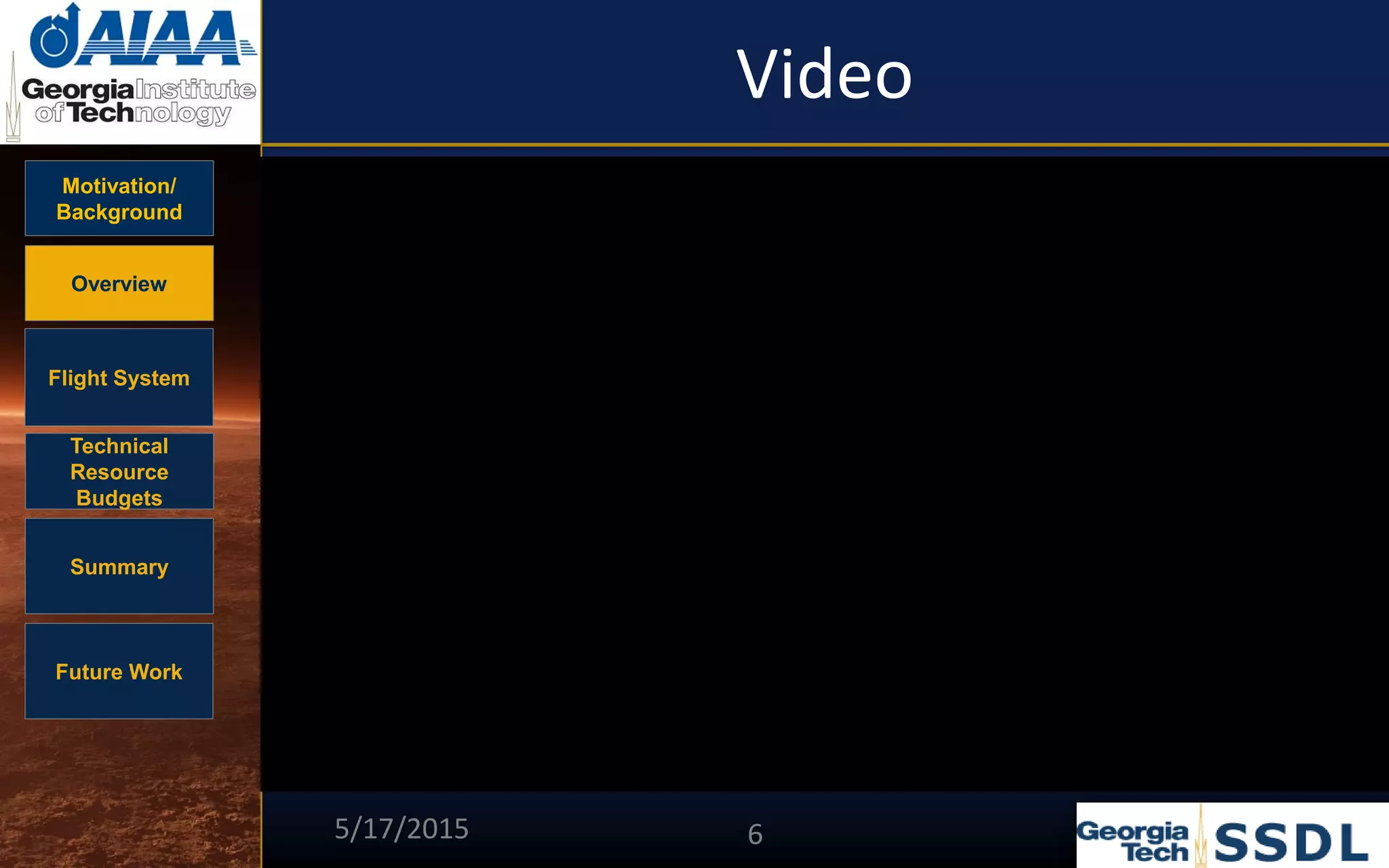 Motivation/
Background
Overview
Flight System
Technical
Resource
Budgets
Summary
Future Work
Video
5/17/2015 6
 