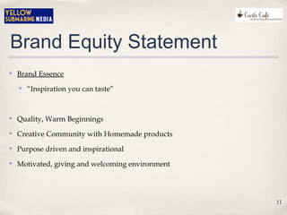 Brand Equity Statement
✤ Brand Essence
✤ “Inspiration you can taste”
✤ Quality, Warm Beginnings
✤ Creative Community with Homemade products
✤ Purpose driven and inspirational
✤ Motivated, giving and welcoming environment
11
 