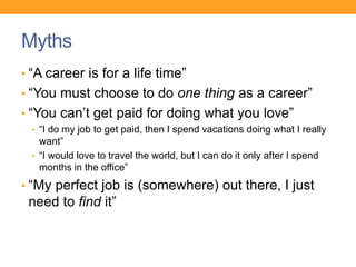 • “A career is for a life time”
• “You must choose to do one thing as a career”
• “You can’t get paid for doing what you love”
• “I do my job to get paid, then I spend vacations doing what I really
want”
• “I would love to travel the world, but I can do it only after I spend
months in the office”
• “My perfect job is (somewhere) out there, I just
need to find it”
Myths
 