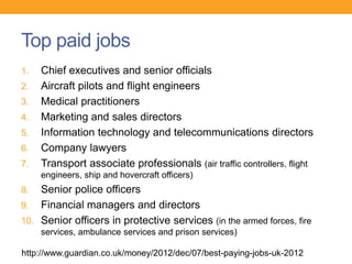 Top paid jobs
1. Chief executives and senior officials
2. Aircraft pilots and flight engineers
3. Medical practitioners
4. Marketing and sales directors
5. Information technology and telecommunications directors
6. Company lawyers
7. Transport associate professionals (air traffic controllers, flight
engineers, ship and hovercraft officers)
8. Senior police officers
9. Financial managers and directors
10. Senior officers in protective services (in the armed forces, fire
services, ambulance services and prison services)
http://www.guardian.co.uk/money/2012/dec/07/best-paying-jobs-uk-2012
 